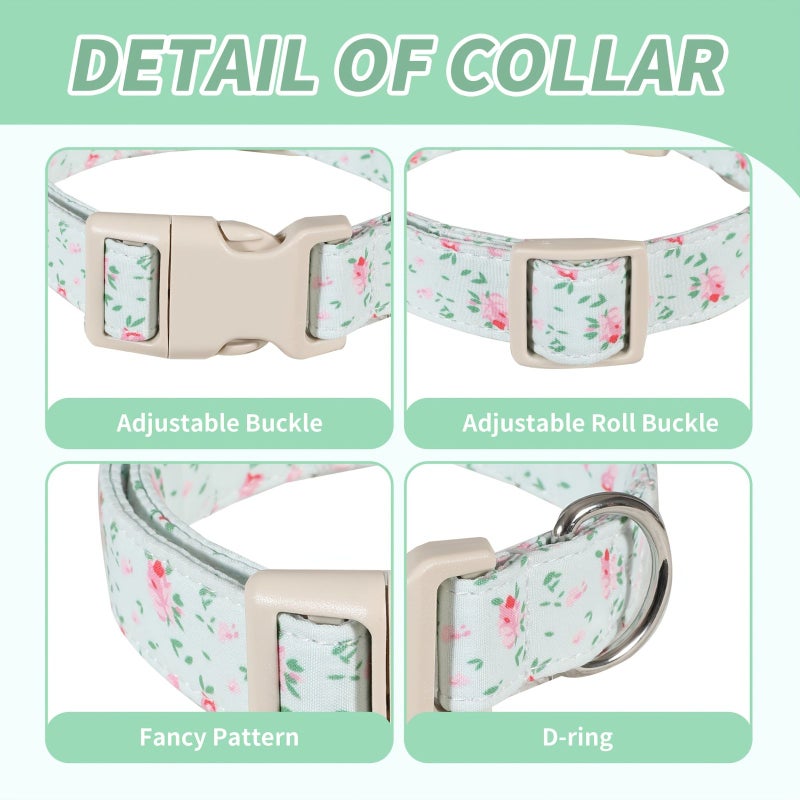 Light Green Floral Dog Collar Small Medium Large Soft Adjustable Polyester Pet Collar - Image 4