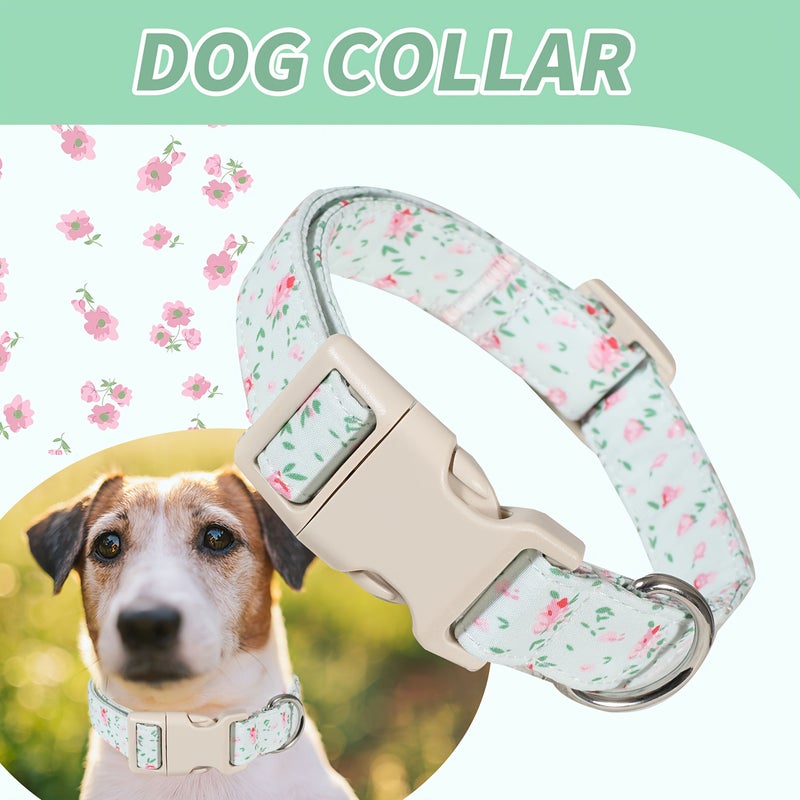 Light Green Floral Dog Collar Small Medium Large Soft Adjustable Polyester Pet Collar - Image 2