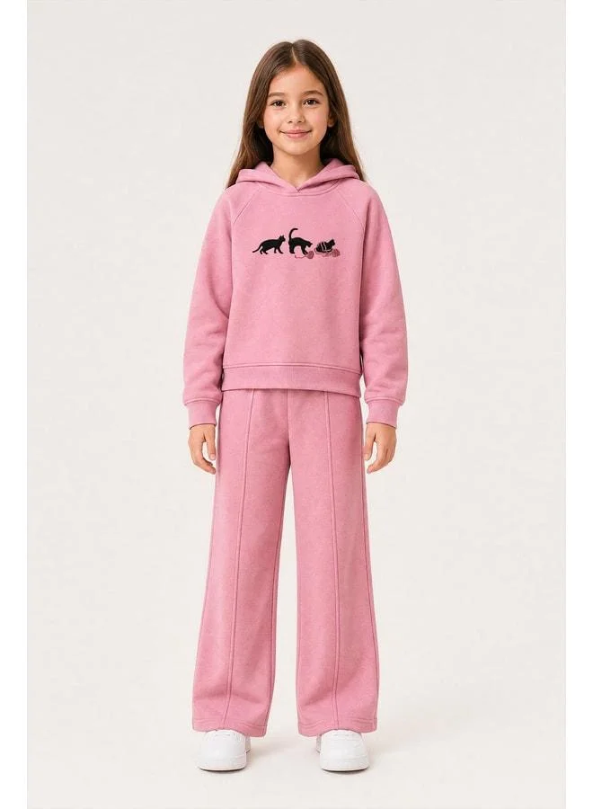 Perendi Girl's Hooded Fleece-Lined Cat Embroidered Sherpa Winter Set.