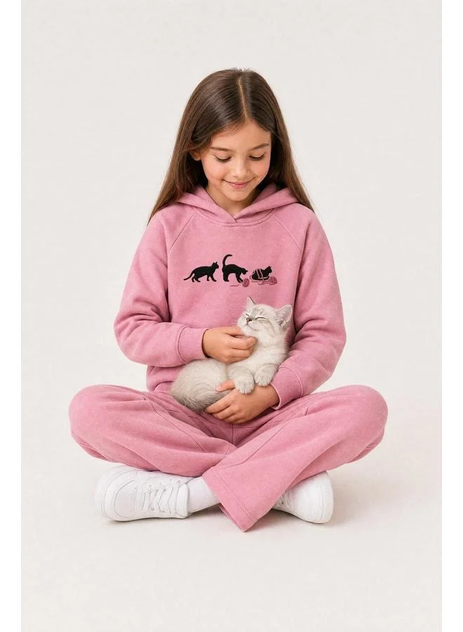 Perendi Girl's Hooded Fleece-Lined Cat Embroidered Sherpa Winter Set.