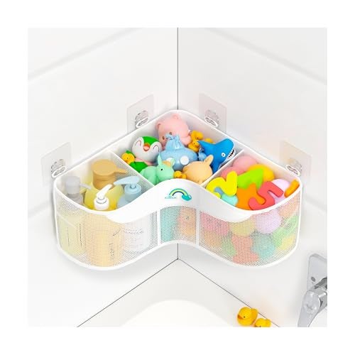 Austion 3Compartment Corner Bath Toy Storage Organizer for Tub WideOpening Mesh Kids Bath Toy Holder with Easy Sorting Storage QuickDrying MachineWashable Bathroom Organizer for Tidy Bathtub - Image 1