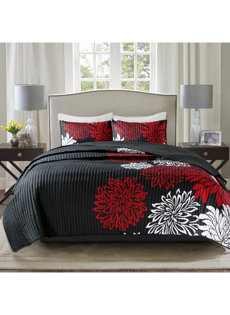 Comfort Spaces Comfort Spaces Enya Quilt Set  Casual Floral Print Channel Stitching Design All Season Lightweight Coverlet Cozy Bedding Matching Shams Decorative Pillows FullQueen90x90RedBlack 3 Piece 