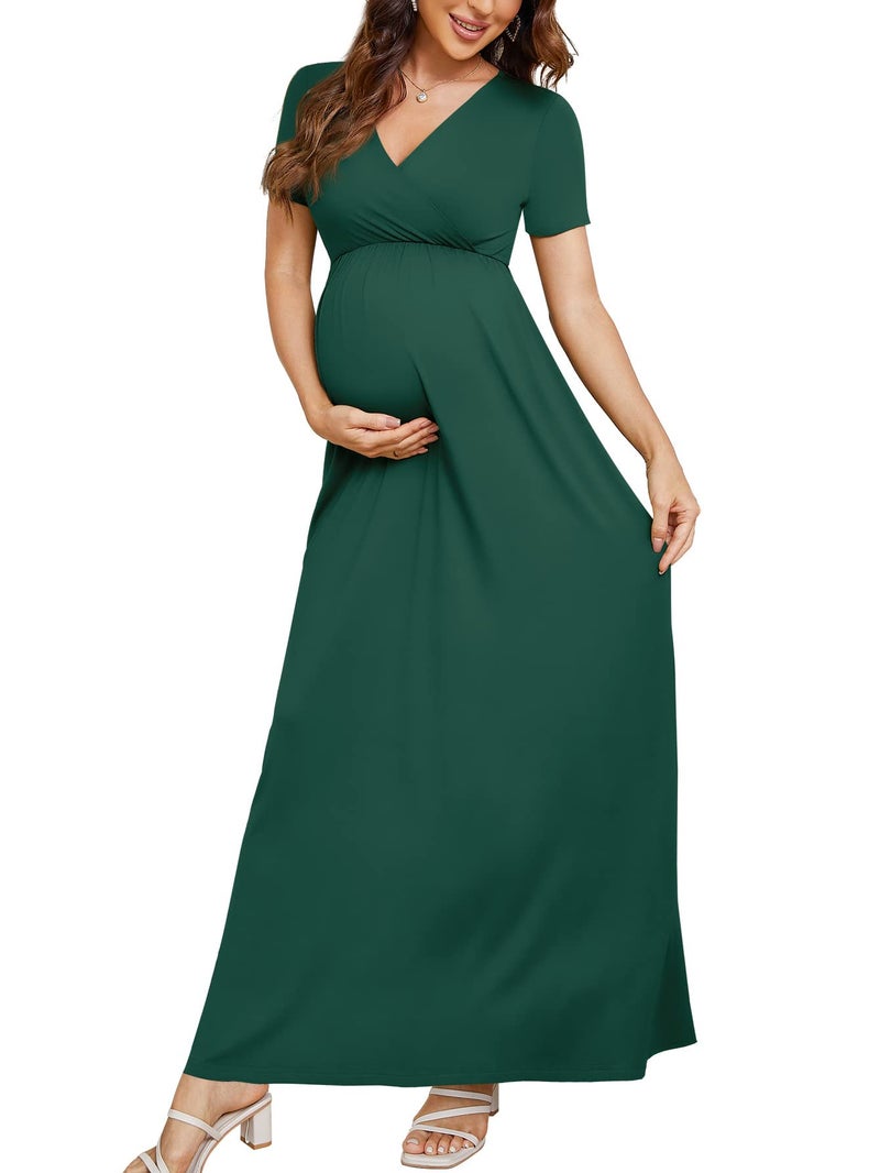Xpenyo Maternity Dresses Women's Summer Casual Short Sleeve V Neck Wrap Long Maxi Dress Pregnancy Clothes for Baby Shower, Photoshoot, Party, Daily, Nursing, Dark Green L - Image 5