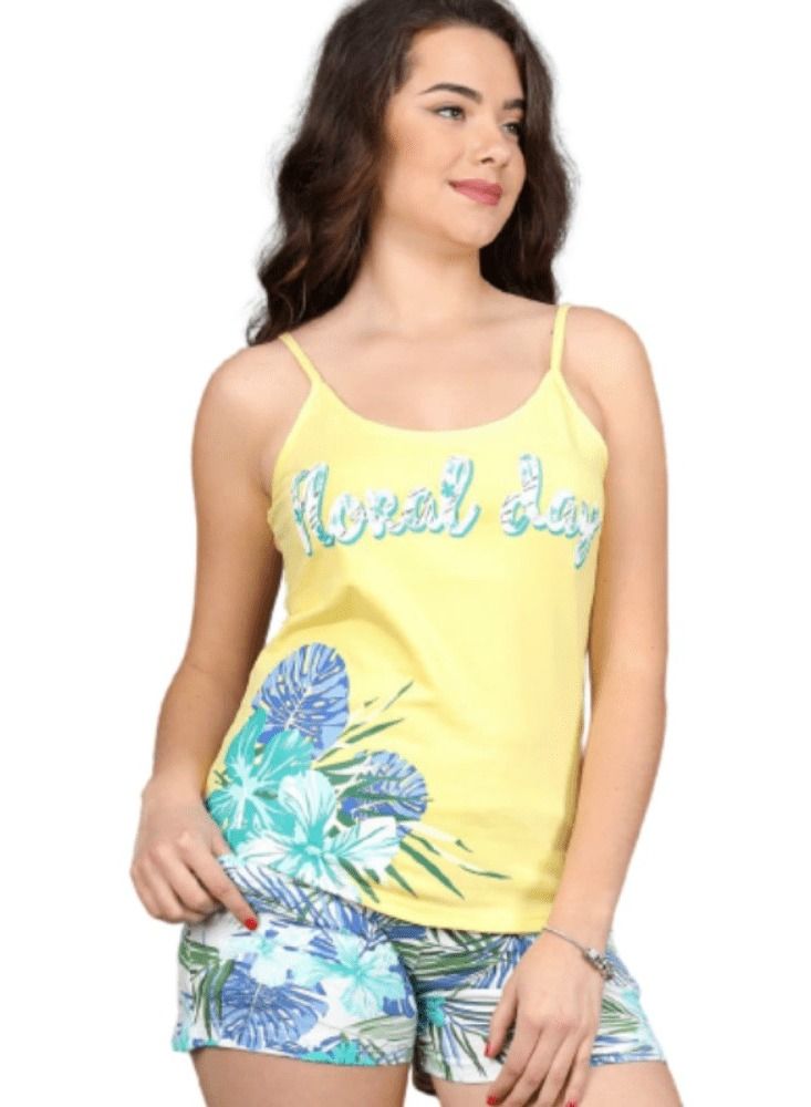 جنة طقم هوت شورت قطن بطبعات وحماله منزليه للنساء