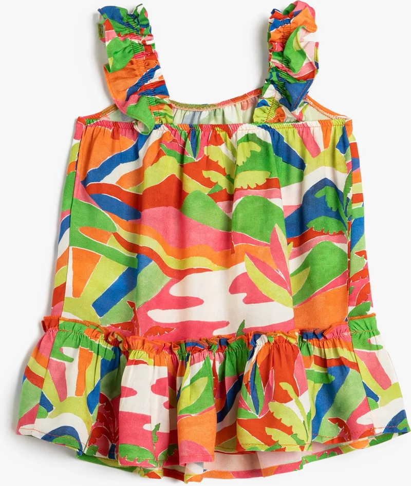 KOTON Cotton Dress Floral Relaxed Cut Sleeveless Ruffle Viscose