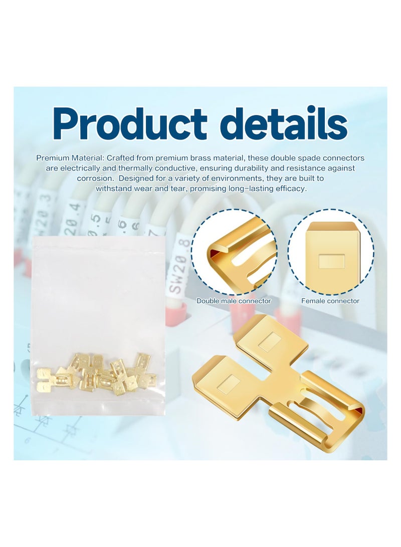 SYOSI Piggyback Spade Connectors, Quick Disconnect Electrical, 2 Way Wire Terminals Adapter Non Insulated Male Single Female Tab Slip Brass Automotive Double Spade Connector 1/4" Tab (30)  - Image 2