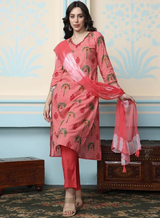 آي شين Women's Coral 100% Cotton Printed Straight Fit Kurta Set