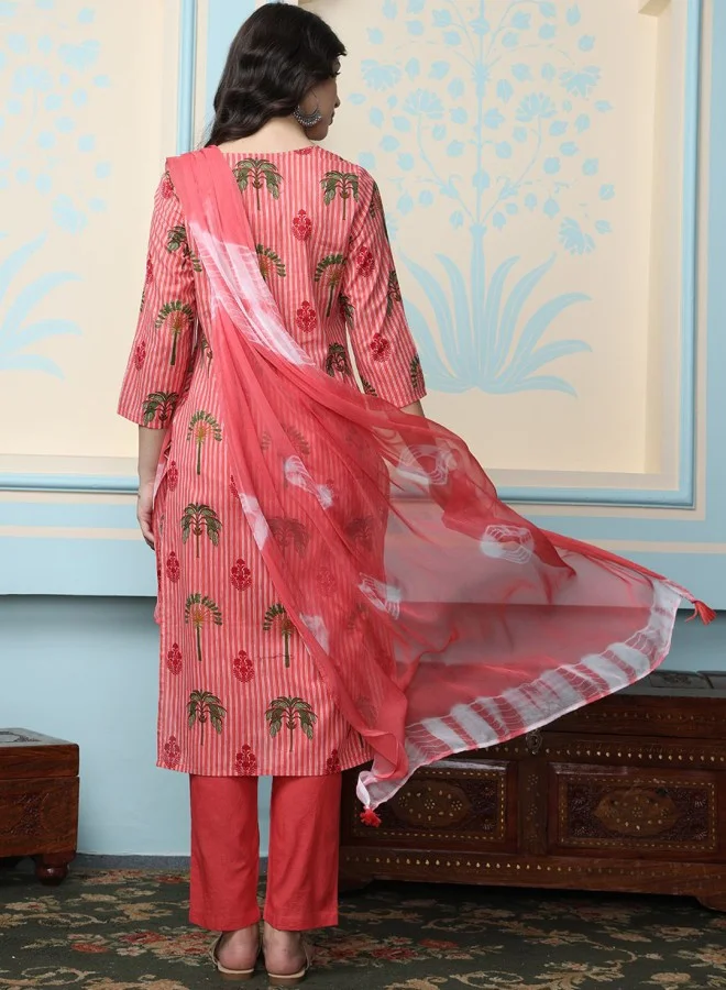 آي شين Women's Coral 100% Cotton Printed Straight Fit Kurta Set
