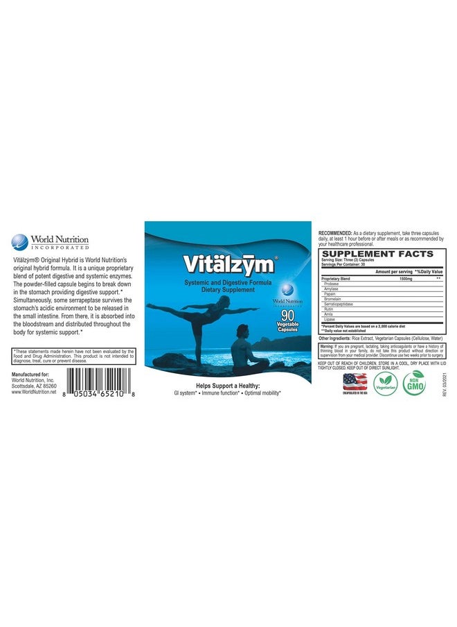VITALZYM - VITÄLZYM Original Proteolytic Systemic Digestive Enzyme Formula Serrapeptase Source | Immune and Joint Support Increase Blood Flow Cardio Function | Healthy Men Women (90 Capsules) - Image 1