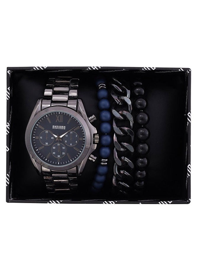 ANDIAMO Men's Analog Black Case Black Metal Strap Set Watch 