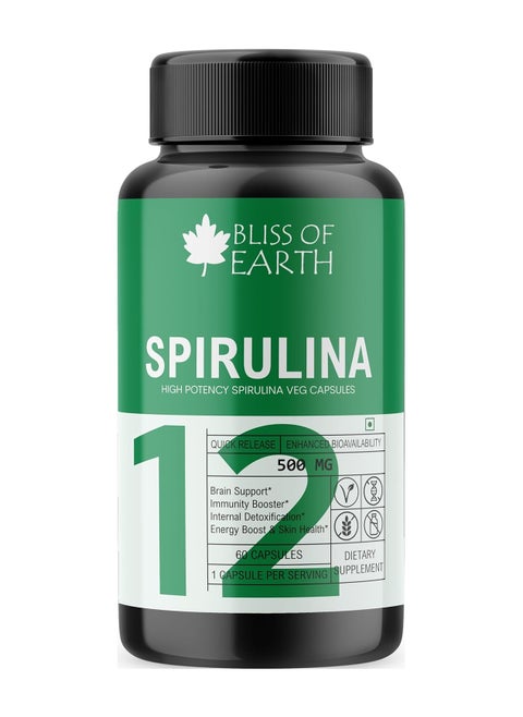 Bliss of Earth Organic Spirulina Powder Capsules 500mg Each Serving, 60 Veg Capsules, Green Superfood For Energy & Detox