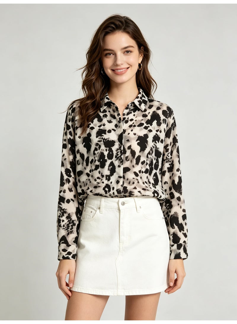 زارا ZARA Women’s Black White Leopard Print Loose Long Sleeve Button Down Shirt - Image 4