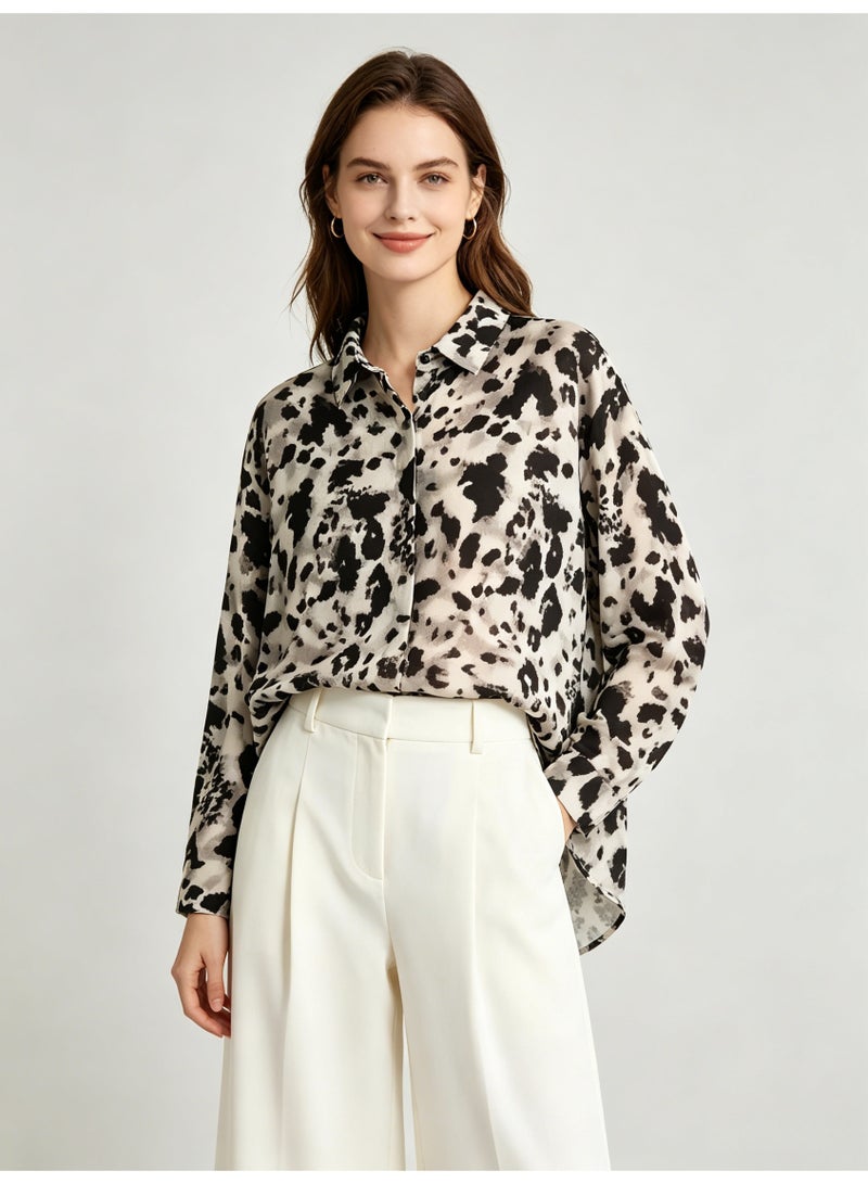 زارا ZARA Women’s Black White Leopard Print Loose Long Sleeve Button Down Shirt - Image 1