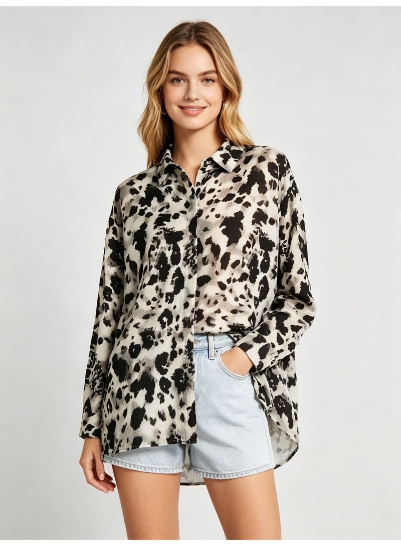 زارا ZARA Women’s Black White Leopard Print Loose Long Sleeve Button Down Shirt - Image 2