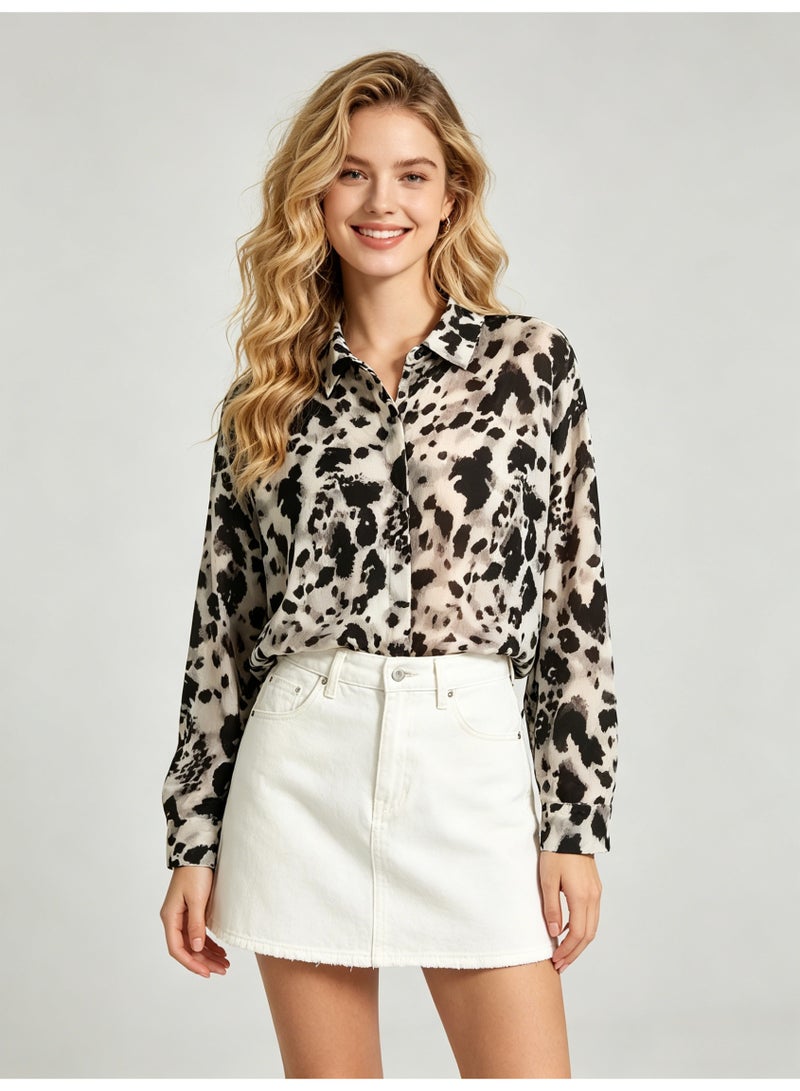 زارا ZARA Women’s Black White Leopard Print Loose Long Sleeve Button Down Shirt - Image 5