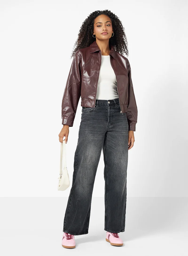 Ginger Zip Up PU Bomber Jacket