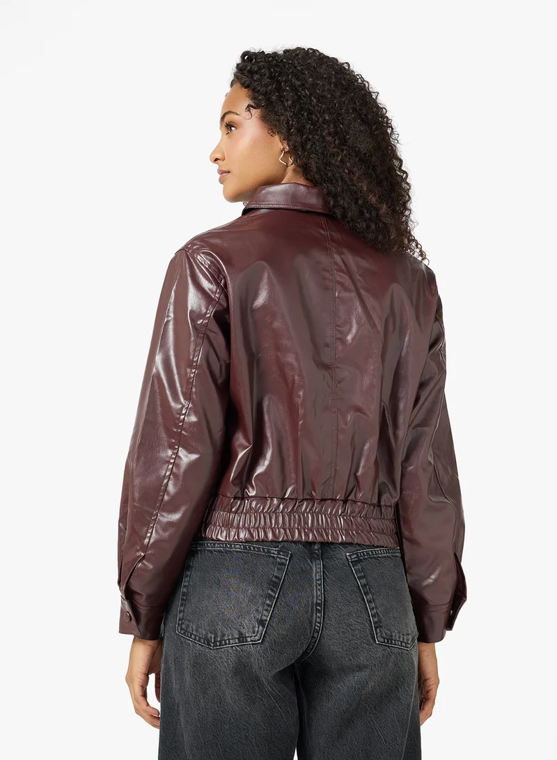 Ginger Zip Up PU Bomber Jacket