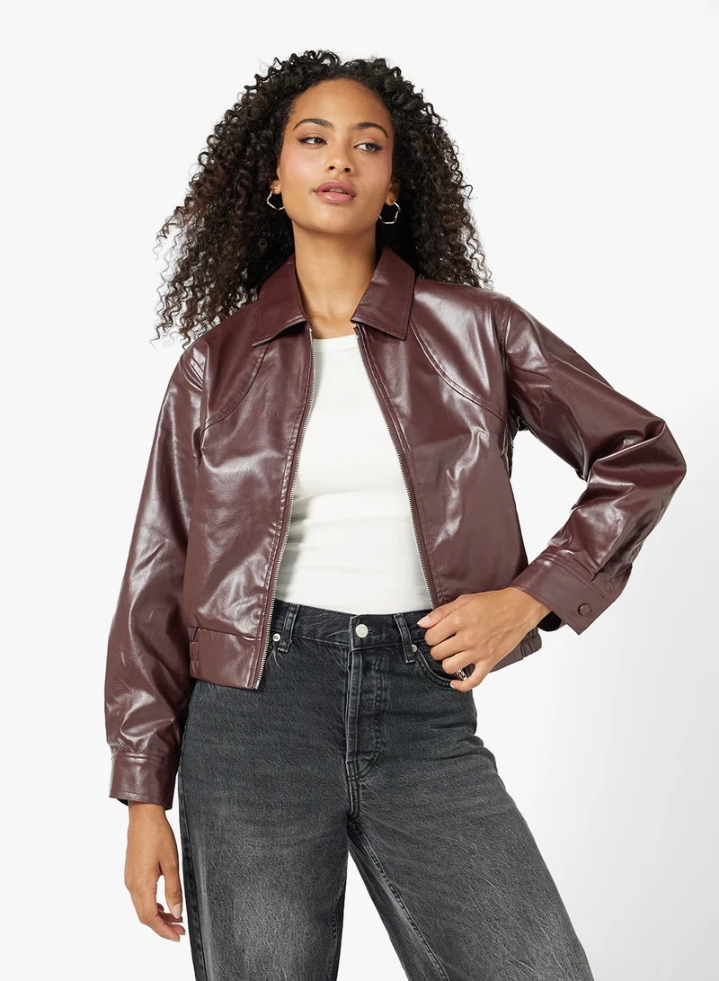 Ginger Zip Up PU Bomber Jacket