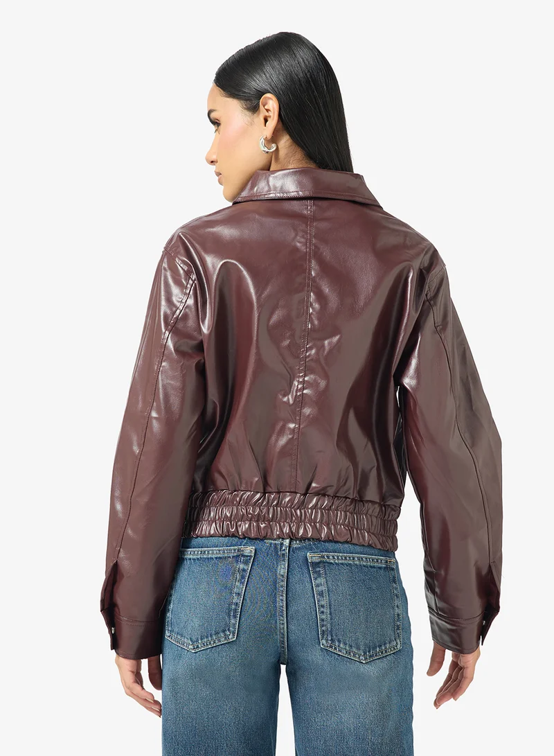 Ginger Zip Up PU Bomber Jacket