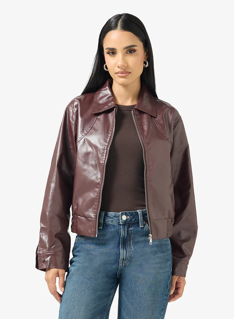 Ginger Zip Up PU Bomber Jacket