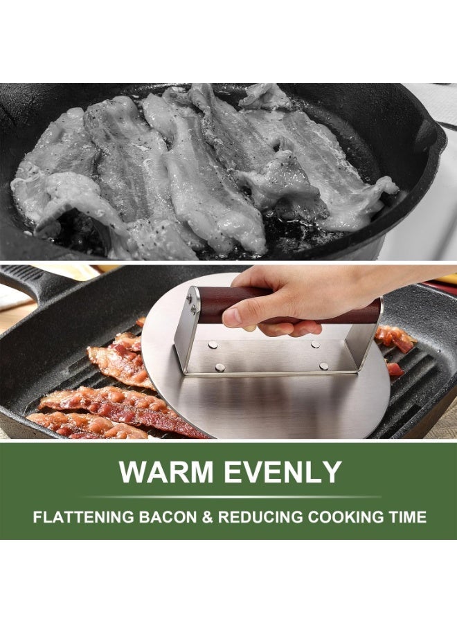 Stainless Steel Burger Press, 8.5 Round  9 * 4.2 Rectangle Heavy-Duty Smash Bacon Press Meat Steak with Wood Handle for Griddle, Sandwich, Nonstick Pan - Image 5