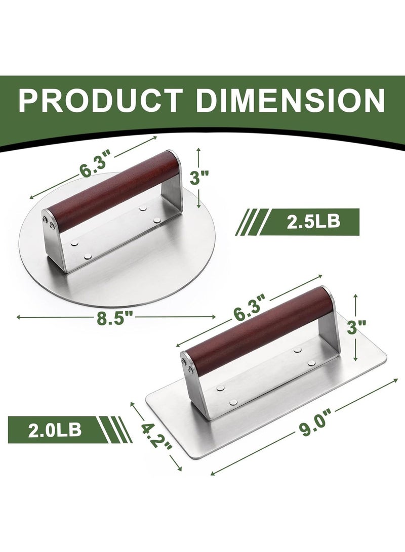 Stainless Steel Burger Press, 8.5 Round  9 * 4.2 Rectangle Heavy-Duty Smash Bacon Press Meat Steak with Wood Handle for Griddle, Sandwich, Nonstick Pan - Image 4