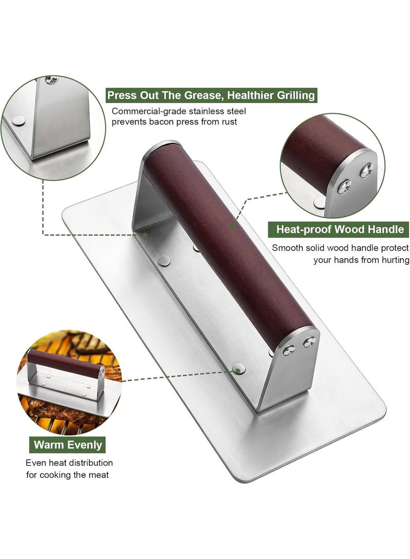 Stainless Steel Burger Press, 8.5 Round  9 * 4.2 Rectangle Heavy-Duty Smash Bacon Press Meat Steak with Wood Handle for Griddle, Sandwich, Nonstick Pan - Image 3