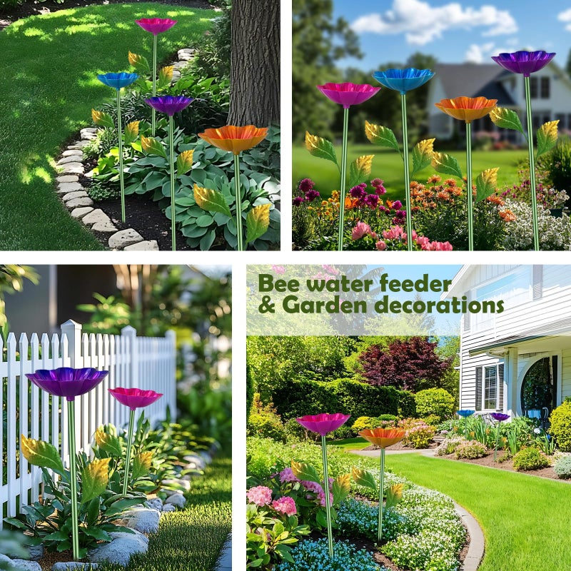 Yonisun Bee Watering Station  4 Pack Butterfly Drinking Station With Flower Design For Garden Colorful Metal Flying Insects Feeder Baths For Outdoor Garden Yard Decor(Red Blue Yellow Purple) - Image 5