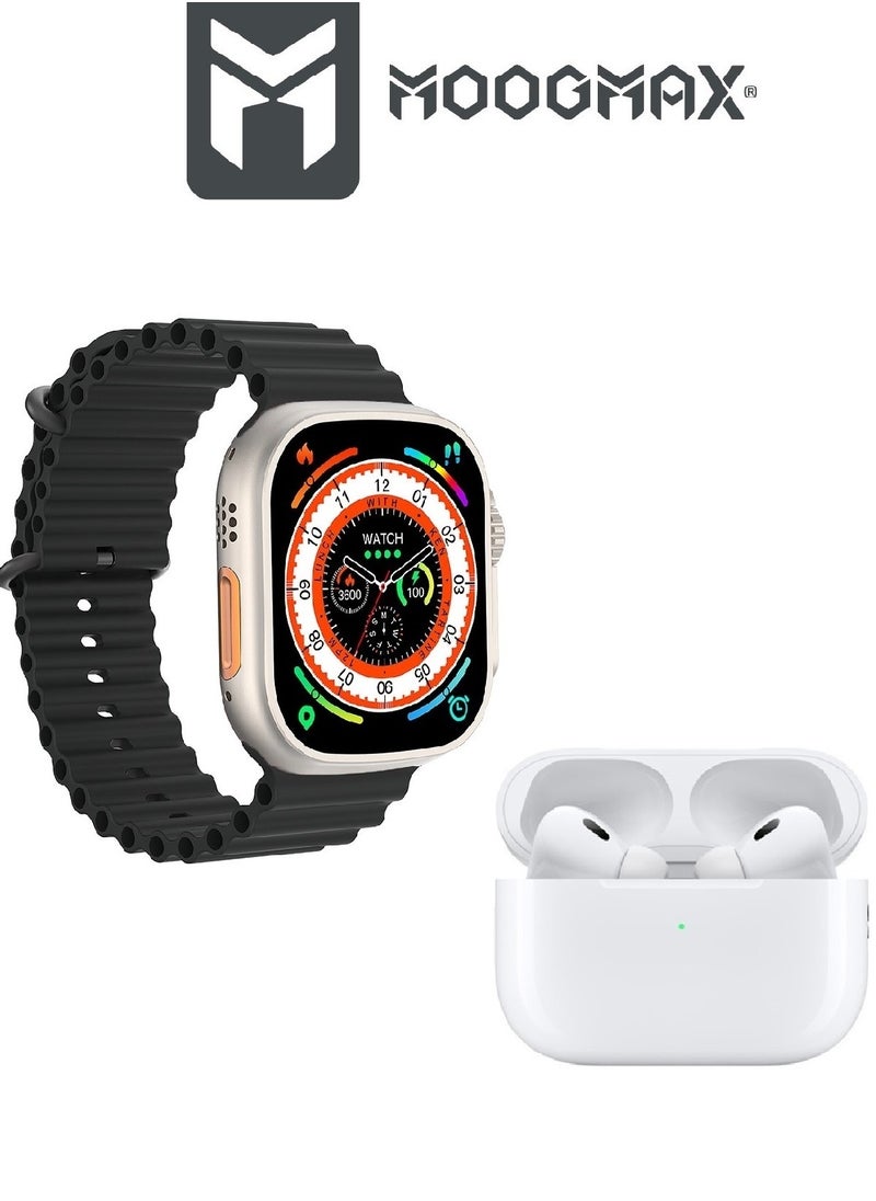 The Smart bundle package 2-in-1, Ultra smart watch 49MM Titanium case, Works with gestures, all sports modes, heart and sleep measurements, supports NFC And Airbuds pro2 from Moogmax with noise cancel