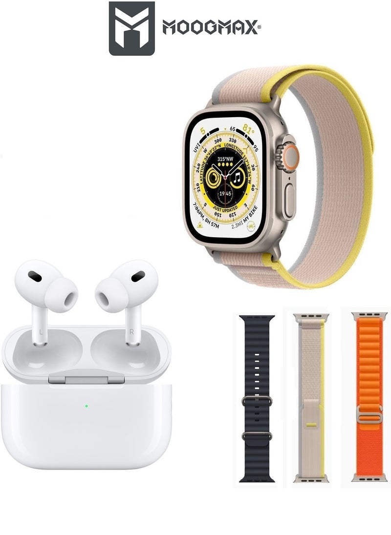 The Smart bundle package 2-in-1, Ultra smart watch 49MM Titanium case, Works with gestures, all sports modes, heart and sleep measurements, supports NFC And Airbuds pro2 from Moogmax with noise cancel