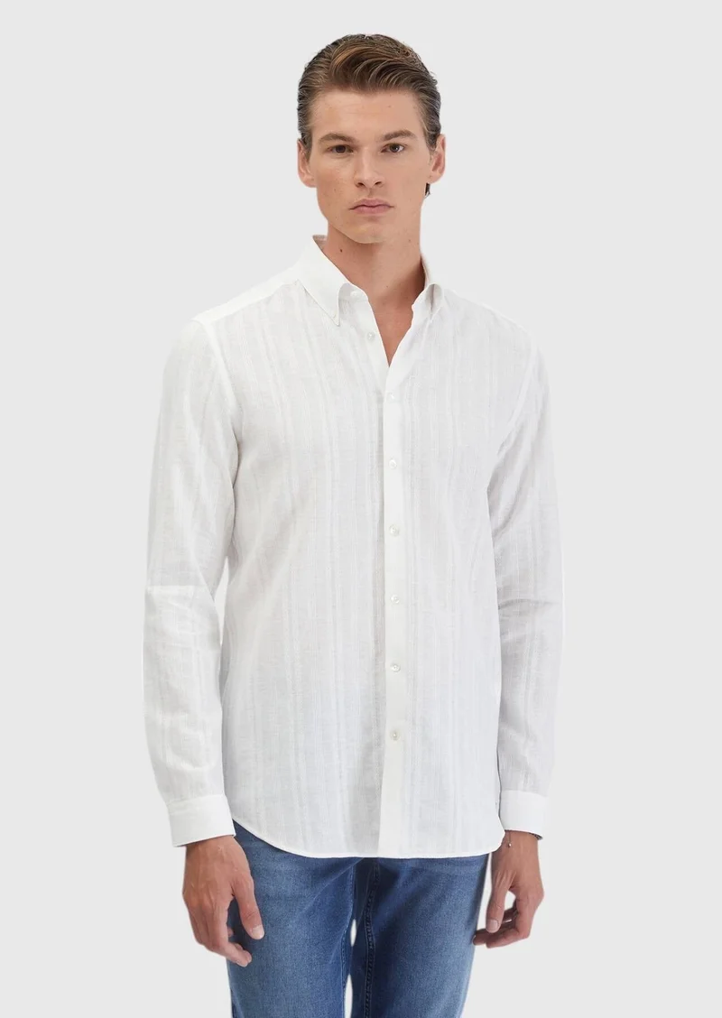 RAMSEY White Plain Casual Fit Long Weaving Casual Cotton Blended Shirt