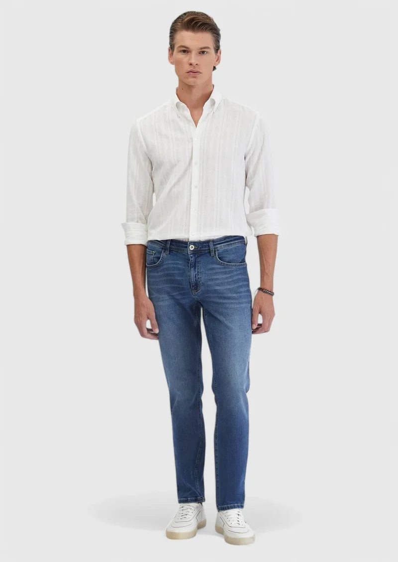 RAMSEY White Plain Casual Fit Long Weaving Casual Cotton Blended Shirt