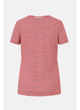 Tchibo Women Round Neck Short Sleeves Stripe T-Shirt, Red  - Image 3