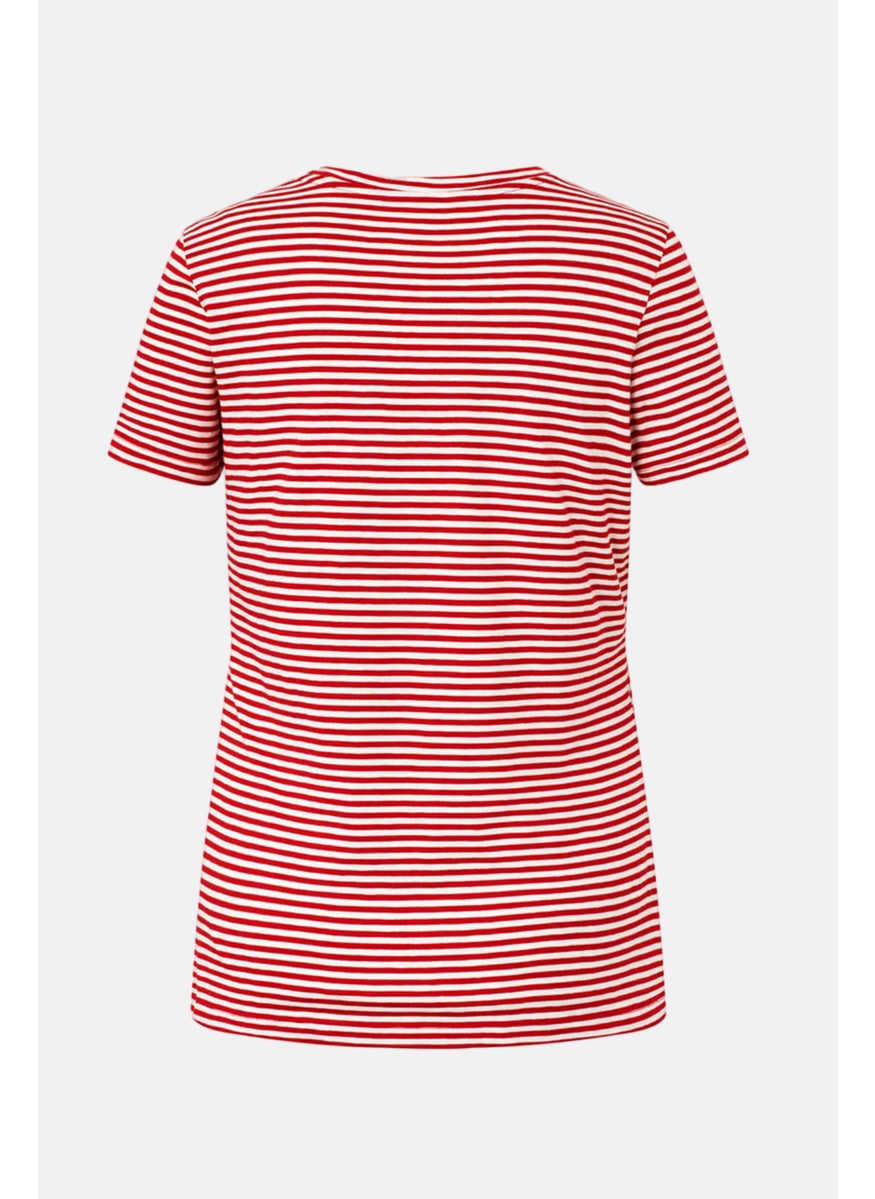 Tchibo Women Round Neck Short Sleeves Stripe T-Shirt, Red  - Image 3