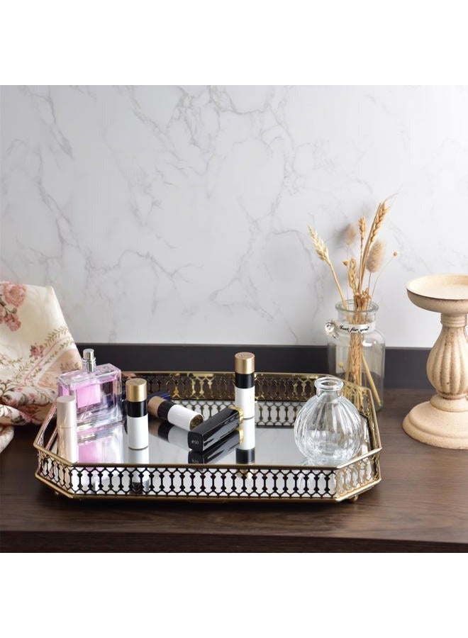 Yikinip Glass and Gold Tray，Mirrored Tray for Cologne, Perfume and Gold Vanity Tray- Decorative Mirrored Vanity Tray with Cutout Design, Glass Base, Metal Jewelry Organizer - Image 5