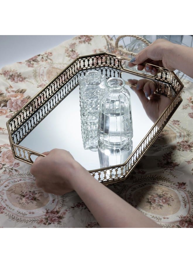 Yikinip Glass and Gold Tray，Mirrored Tray for Cologne, Perfume and Gold Vanity Tray- Decorative Mirrored Vanity Tray with Cutout Design, Glass Base, Metal Jewelry Organizer - Image 3