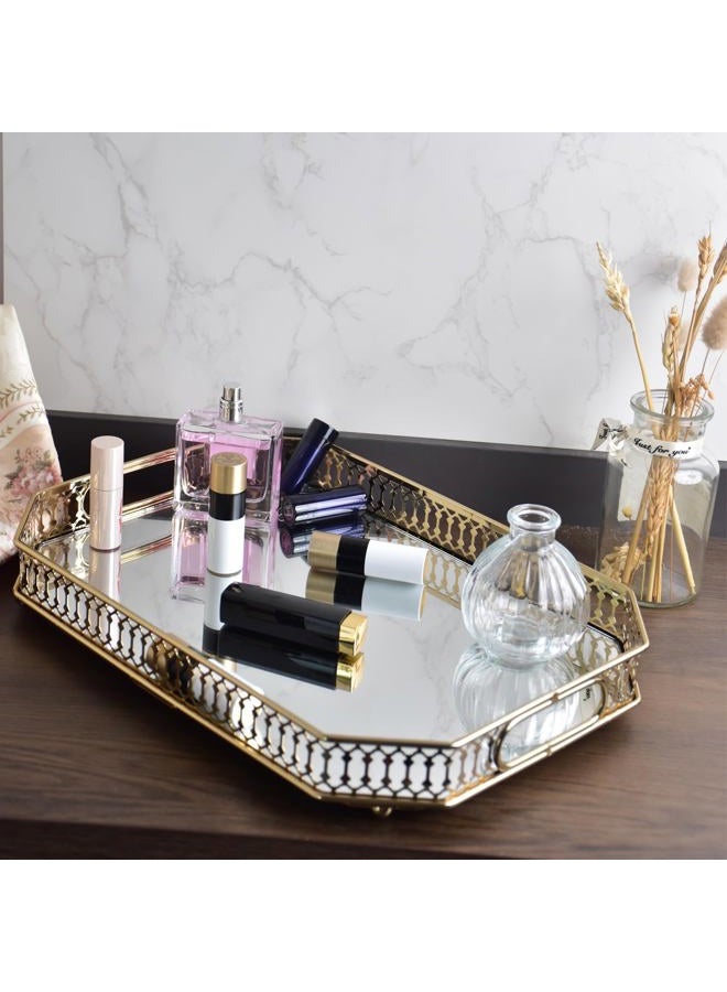 Yikinip Glass and Gold Tray，Mirrored Tray for Cologne, Perfume and Gold Vanity Tray- Decorative Mirrored Vanity Tray with Cutout Design, Glass Base, Metal Jewelry Organizer - Image 4