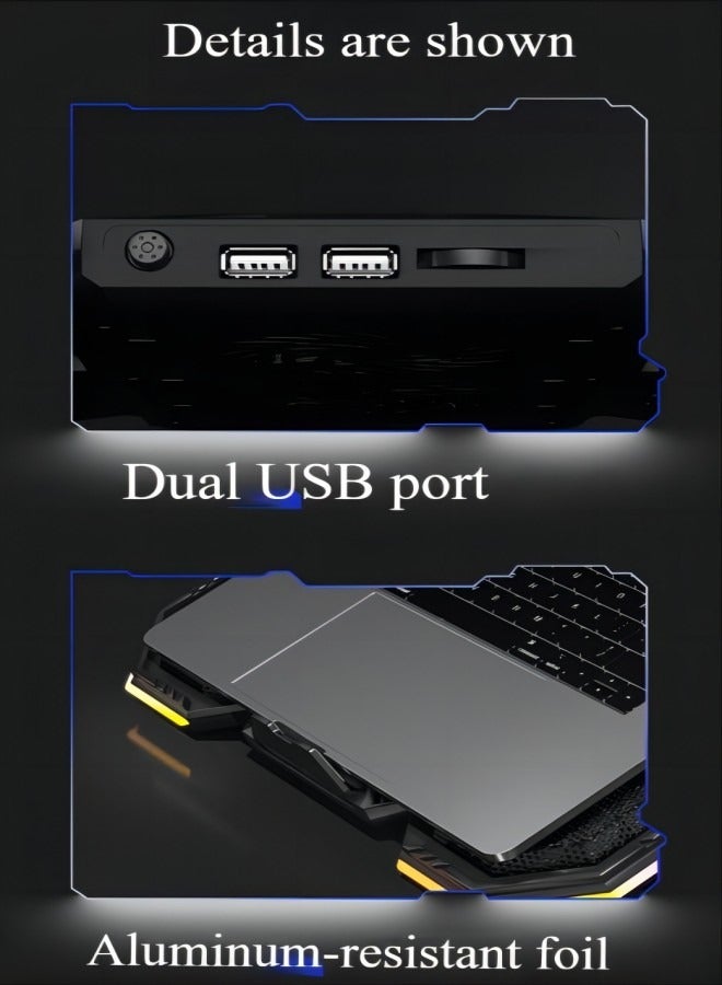الرائد لوحة تبريد لأجهزة الكمبيوتر المحمولة للألعاب مزودة بإضاءة RGB، مروحة مزدوجة تعمل بالطاقة من USB بسرعة عالية، مبرد هوائي بتقنية RGB مع 6 مراوح، قاعدة محمولة 15.6 بوصة، مبرد لأجهزة الكمبيوتر المحمولة للألعاب، قاعدة مبرد لأجهزة الكمبيوتر المحمولة من 12 إلى 21 بوصة. - Image 4