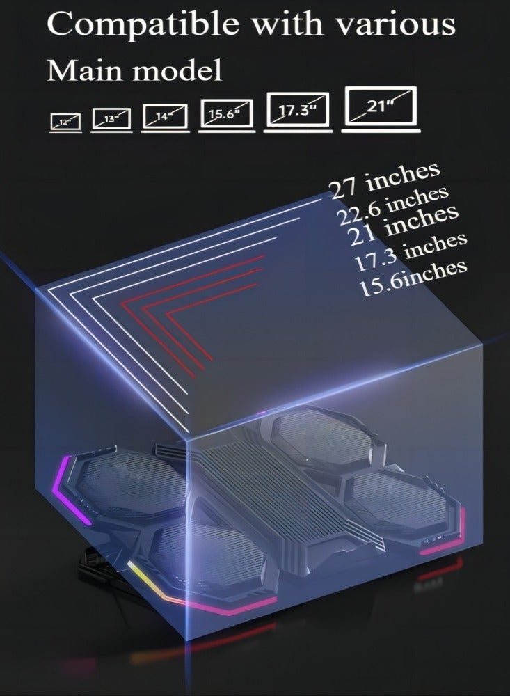 الرائد لوحة تبريد لأجهزة الكمبيوتر المحمولة للألعاب مزودة بإضاءة RGB، مروحة مزدوجة تعمل بالطاقة من USB بسرعة عالية، مبرد هوائي بتقنية RGB مع 6 مراوح، قاعدة محمولة 15.6 بوصة، مبرد لأجهزة الكمبيوتر المحمولة للألعاب، قاعدة مبرد لأجهزة الكمبيوتر المحمولة من 12 إلى 21 بوصة. - Image 5