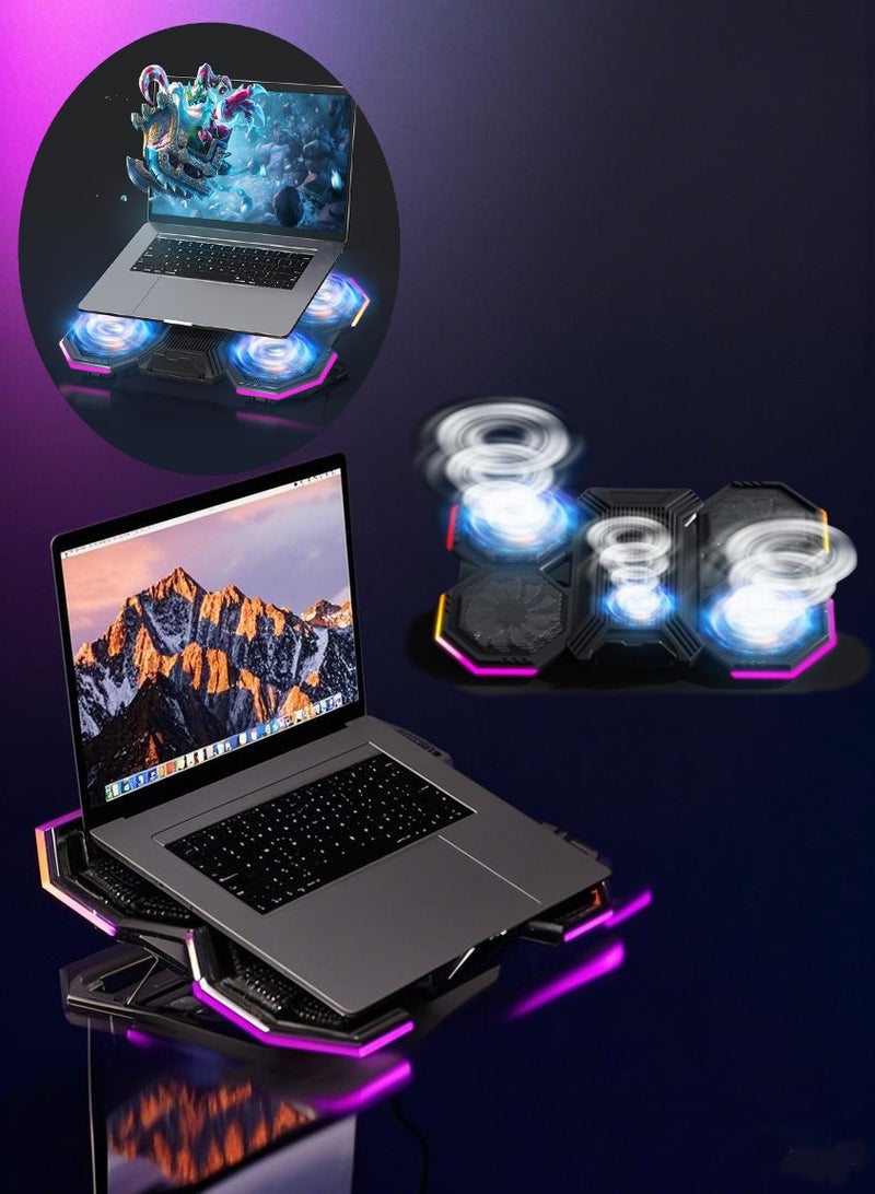 الرائد لوحة تبريد لأجهزة الكمبيوتر المحمولة للألعاب مزودة بإضاءة RGB، مروحة مزدوجة تعمل بالطاقة من USB بسرعة عالية، مبرد هوائي بتقنية RGB مع 6 مراوح، قاعدة محمولة 15.6 بوصة، مبرد لأجهزة الكمبيوتر المحمولة للألعاب، قاعدة مبرد لأجهزة الكمبيوتر المحمولة من 12 إلى 21 بوصة. - Image 1