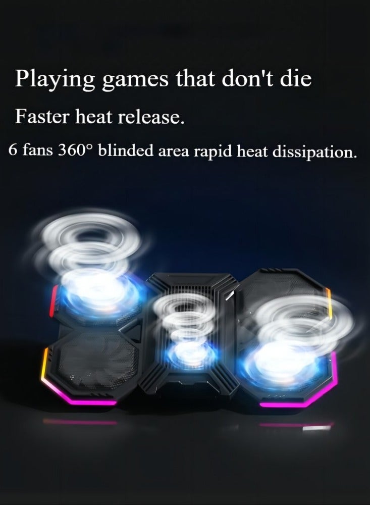 الرائد لوحة تبريد لأجهزة الكمبيوتر المحمولة للألعاب مزودة بإضاءة RGB، مروحة مزدوجة تعمل بالطاقة من USB بسرعة عالية، مبرد هوائي بتقنية RGB مع 6 مراوح، قاعدة محمولة 15.6 بوصة، مبرد لأجهزة الكمبيوتر المحمولة للألعاب، قاعدة مبرد لأجهزة الكمبيوتر المحمولة من 12 إلى 21 بوصة. - Image 3