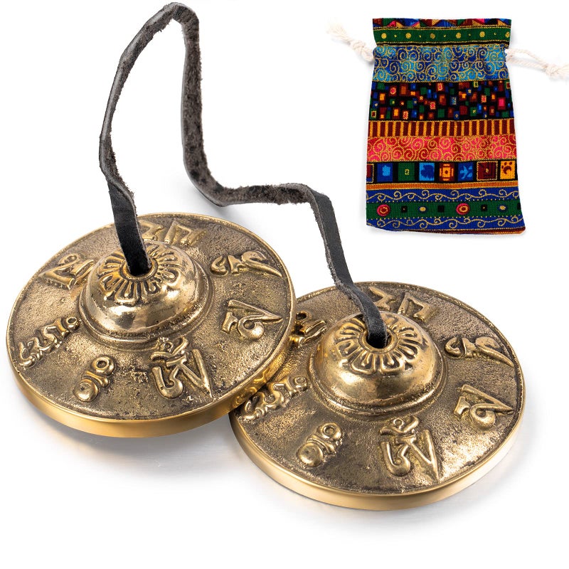 Boao Tibetan Tingsha Cymbals Meditation Chime Bells with Tibetan Drawstring Cloth Bag, 6.3 cm Meditation Chime Bells, for Percussion Instrument(Om Mane Padme Hum Symbols Embossed) - Image 1
