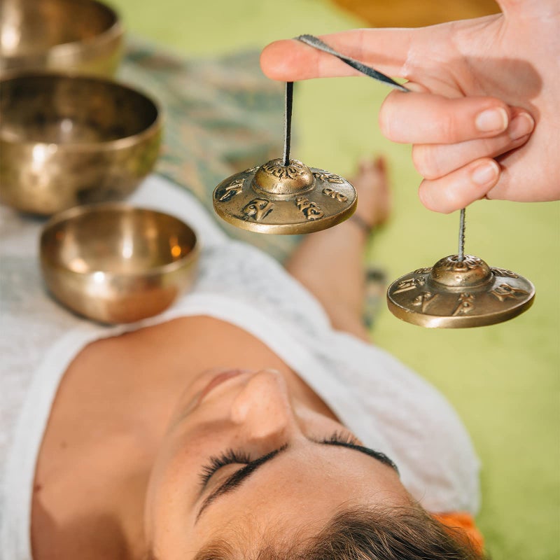 Boao Tibetan Tingsha Cymbals Meditation Chime Bells with Tibetan Drawstring Cloth Bag, 6.3 cm Meditation Chime Bells, for Percussion Instrument(Om Mane Padme Hum Symbols Embossed) - Image 4