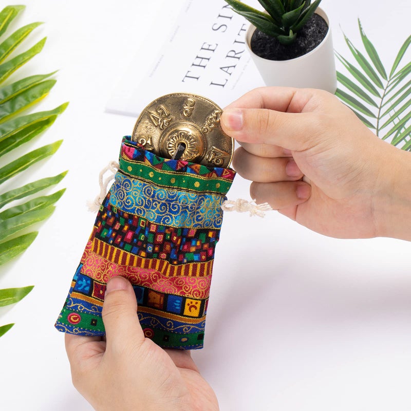 Boao Tibetan Tingsha Cymbals Meditation Chime Bells with Tibetan Drawstring Cloth Bag, 6.3 cm Meditation Chime Bells, for Percussion Instrument(Om Mane Padme Hum Symbols Embossed) - Image 5