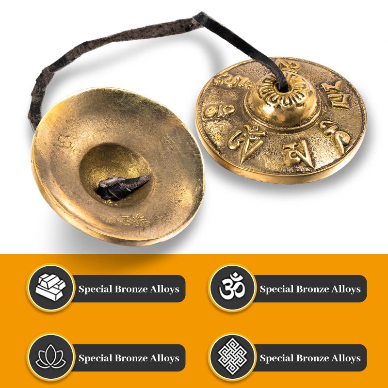 Boao Tibetan Tingsha Cymbals Meditation Chime Bells with Tibetan Drawstring Cloth Bag, 6.3 cm Meditation Chime Bells, for Percussion Instrument(Om Mane Padme Hum Symbols Embossed) - Image 3