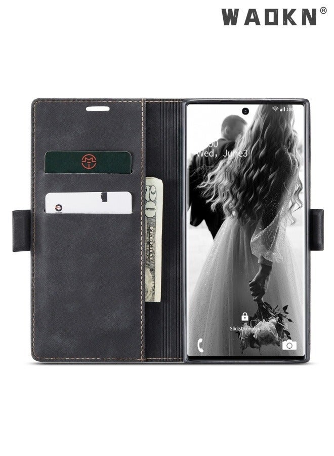 WAOKN For Samsung Galaxy S23 Ultra Case, Luxury Leather Wallet Cover,Leather Wallet Case Classic Design with Card Slot and Magnetic Flip Flip Folding Case Black - Image 2