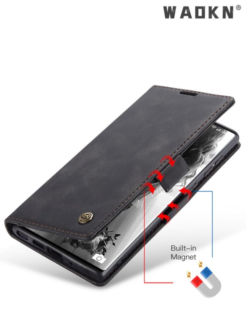 WAOKN For Samsung Galaxy S23 Ultra Case, Luxury Leather Wallet Cover,Leather Wallet Case Classic Design with Card Slot and Magnetic Flip Flip Folding Case Black - Image 3