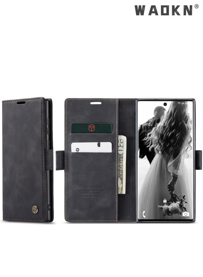 WAOKN For Samsung Galaxy S23 Ultra Case, Luxury Leather Wallet Cover,Leather Wallet Case Classic Design with Card Slot and Magnetic Flip Flip Folding Case Black - Image 5