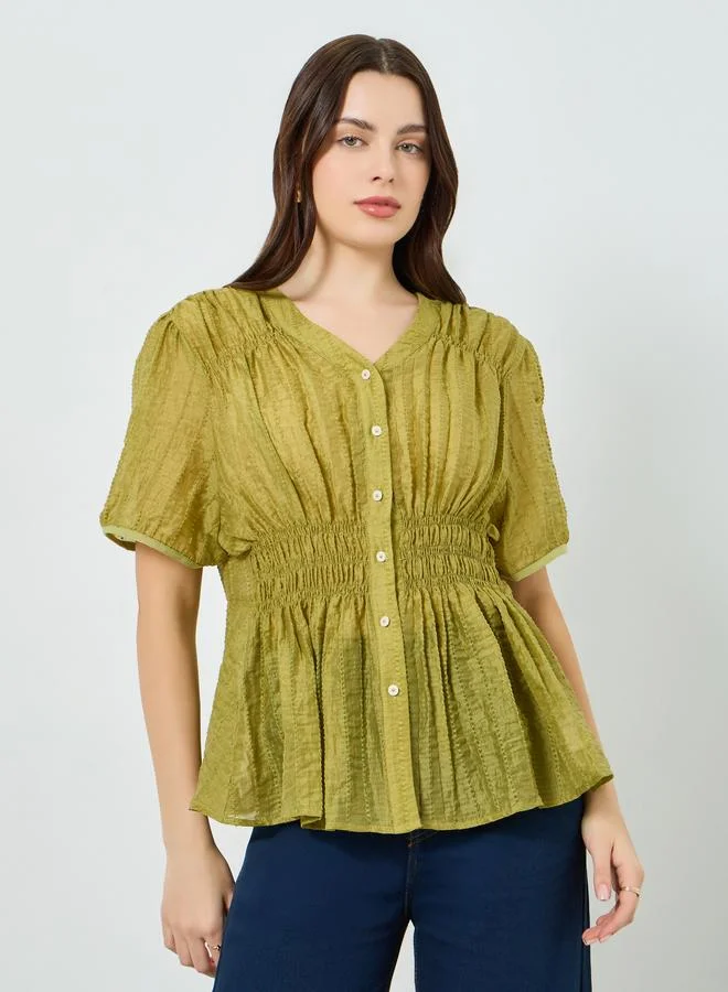 Styli Women Green Buttoned Elastic Waistband Blouse
