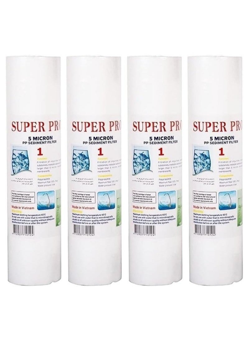 Super Pro 4-Pieces Polypropylene Replacement Filter 5 Micron All Sizes Filter For Clean Water And Dust Particle Removal